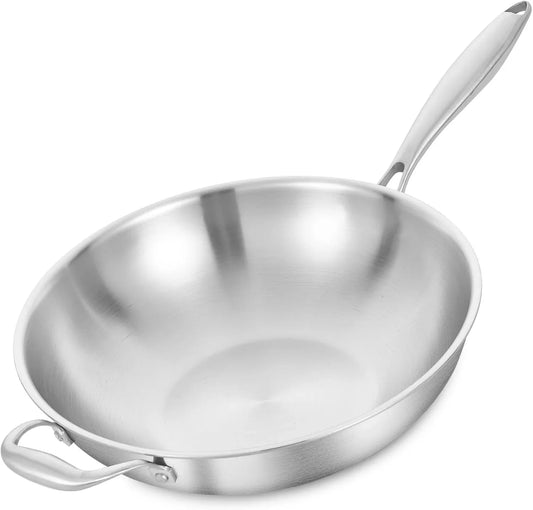 14.5 Inch Stir-Frying Wok Pan, Tri-Ply Stainless Steel Induction Cooking Wok Pan,Dishwasher and Oven Safe,Heavy Duty and Detachable Handle.
