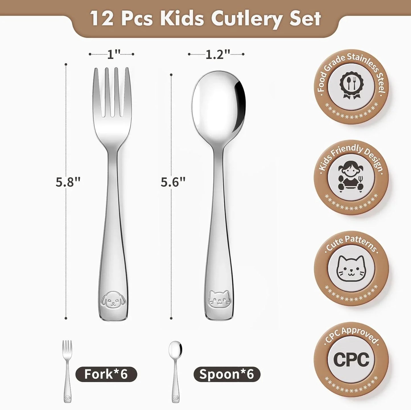Stainless Steel Toddler Utensils Set - 12 Pieces Kids Silverware Set Children Safe Food Grade Small Forks and Spoons Dishwasher Safe Mirror Polished