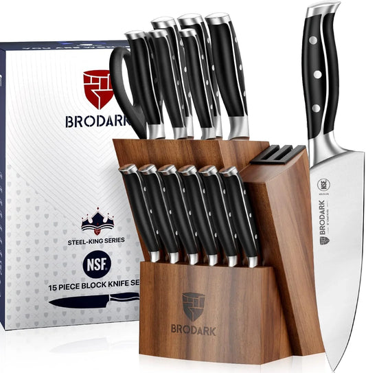 Kitchen Knife Set: Full Tang 15 Pcs Professional Chef Knife Set with Sharpener, Razor-Sharp Knives Set for Kitchen, German Stainless Steel Knife Block Set, Gift Box for Men Women