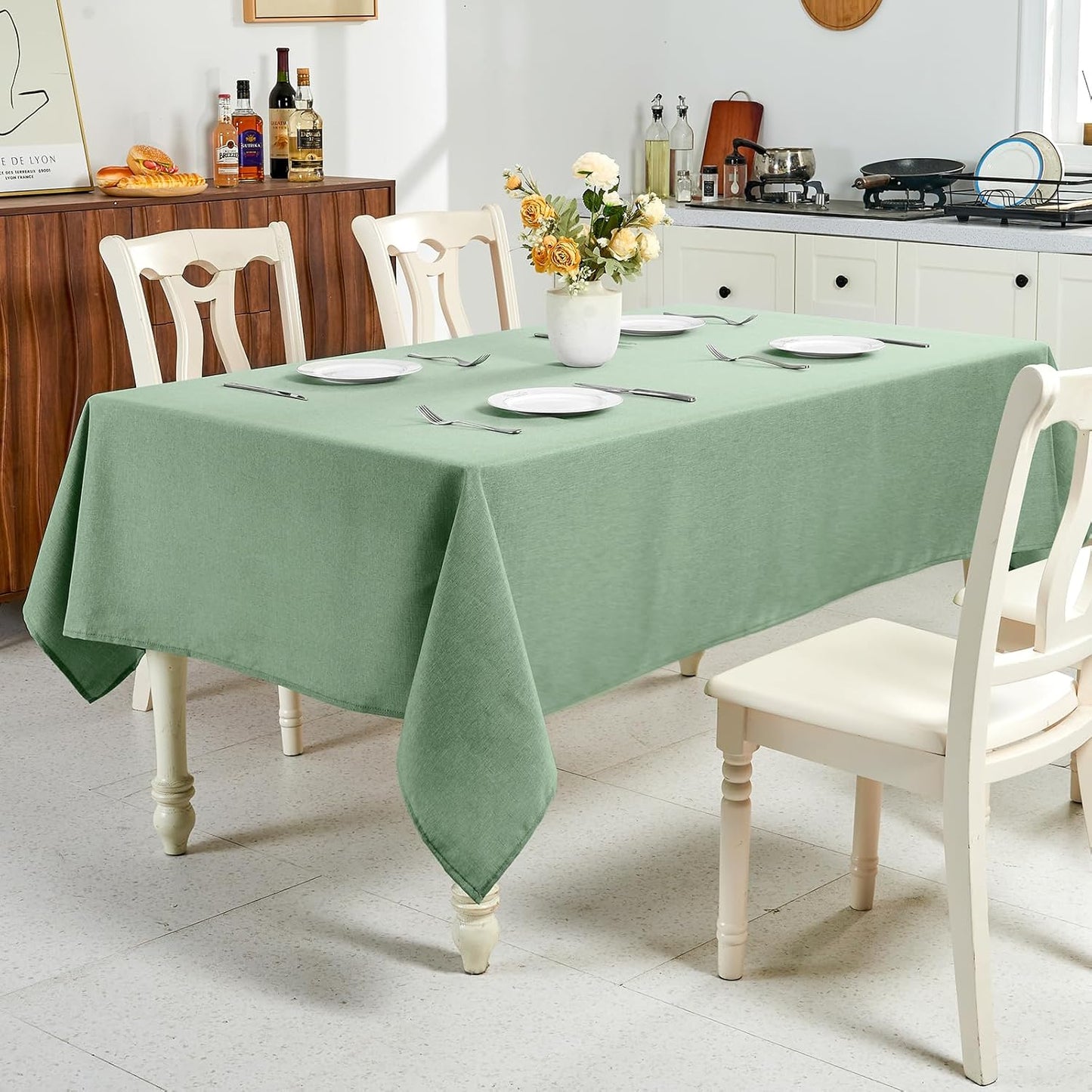 Textured Linen Table Cloth for Rectangle Tables - Sage Green Tablecloths Rectangular Waterproof Wrinkle Free Wipeable Dining Table Cover for Spring Easter Decor Wedding Birthday, 52 X 70 Inch