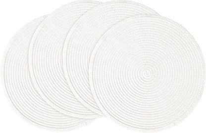 15 Inch round Braided Placemats Set of 4, Washable Heat Resistant Cotton Polyester Circle Place Mats for Kitchen Dining Table - White
