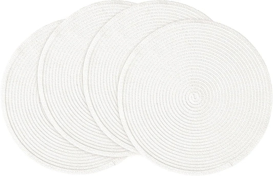 15 Inch round Braided Placemats Set of 4, Washable Heat Resistant Cotton Polyester Circle Place Mats for Kitchen Dining Table - White
