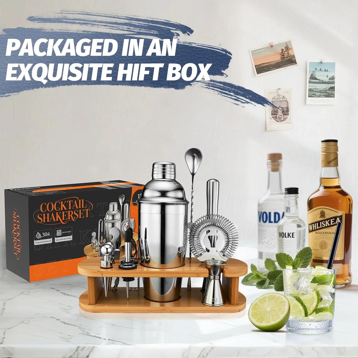 Cocktail Shaker Set Bartender Kit: 13-Pcs Bar Tools Set with Bamboo Stand, Essential Bar Accessories for Home: 25Oz Martini Shaker, Jigger, Bar Spoon, Professional Cocktails Kit for Drink Mixing |Gift
