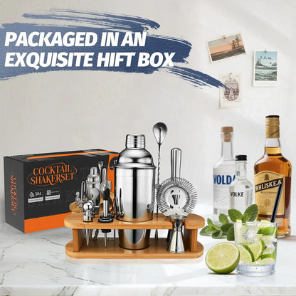 Cocktail Shaker Set Bartender Kit: 13-Pcs Bar Tools Set with Bamboo Stand, Essential Bar Accessories for Home: 25Oz Martini Shaker, Jigger, Bar Spoon, Professional Cocktails Kit for Drink Mixing |Gift