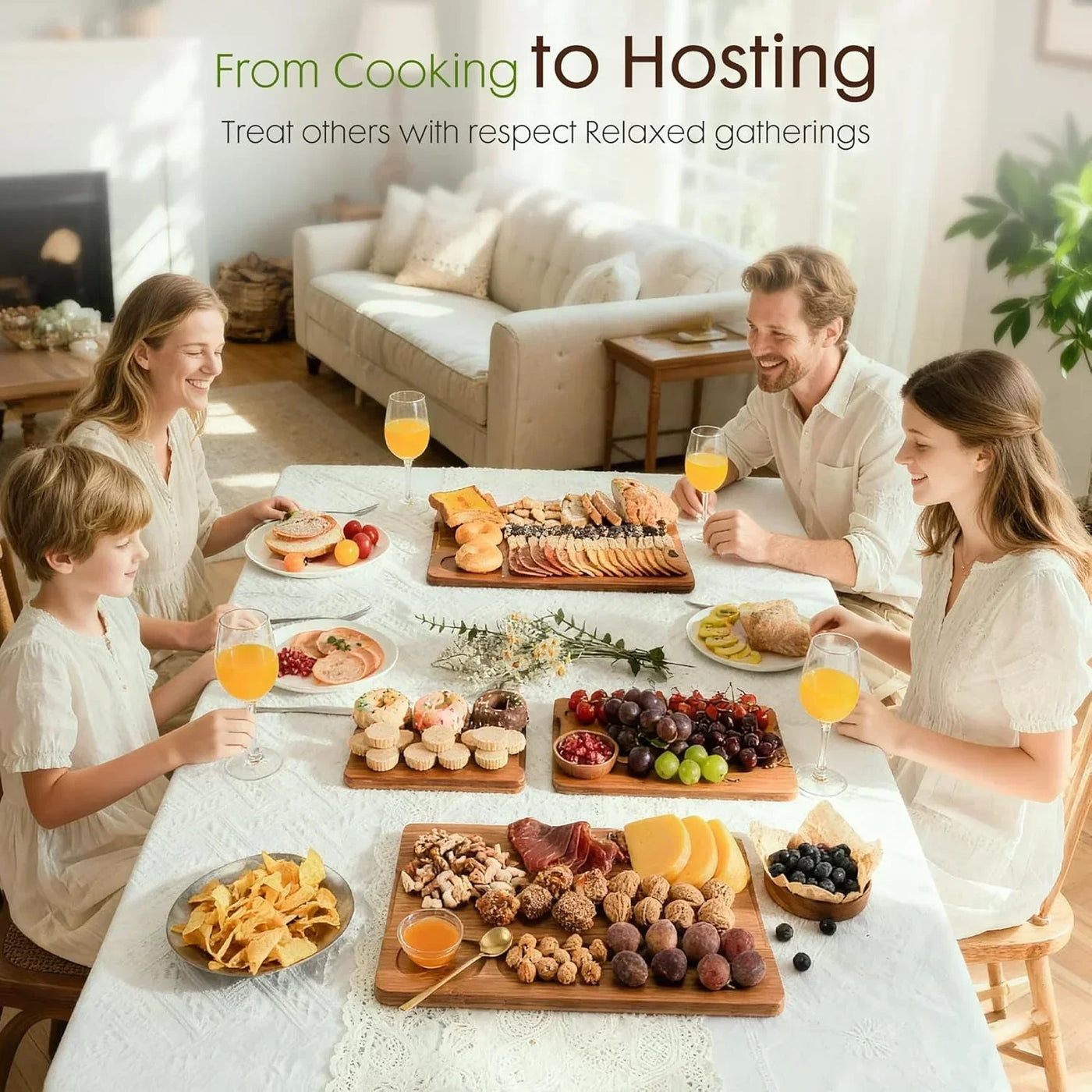 Family enjoying charcuterie boards, cheese, fruits, and snacks at a cozy dining table for relaxed gatherings