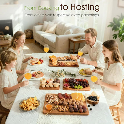 Family enjoying charcuterie boards, cheese, fruits, and snacks at a cozy dining table for relaxed gatherings