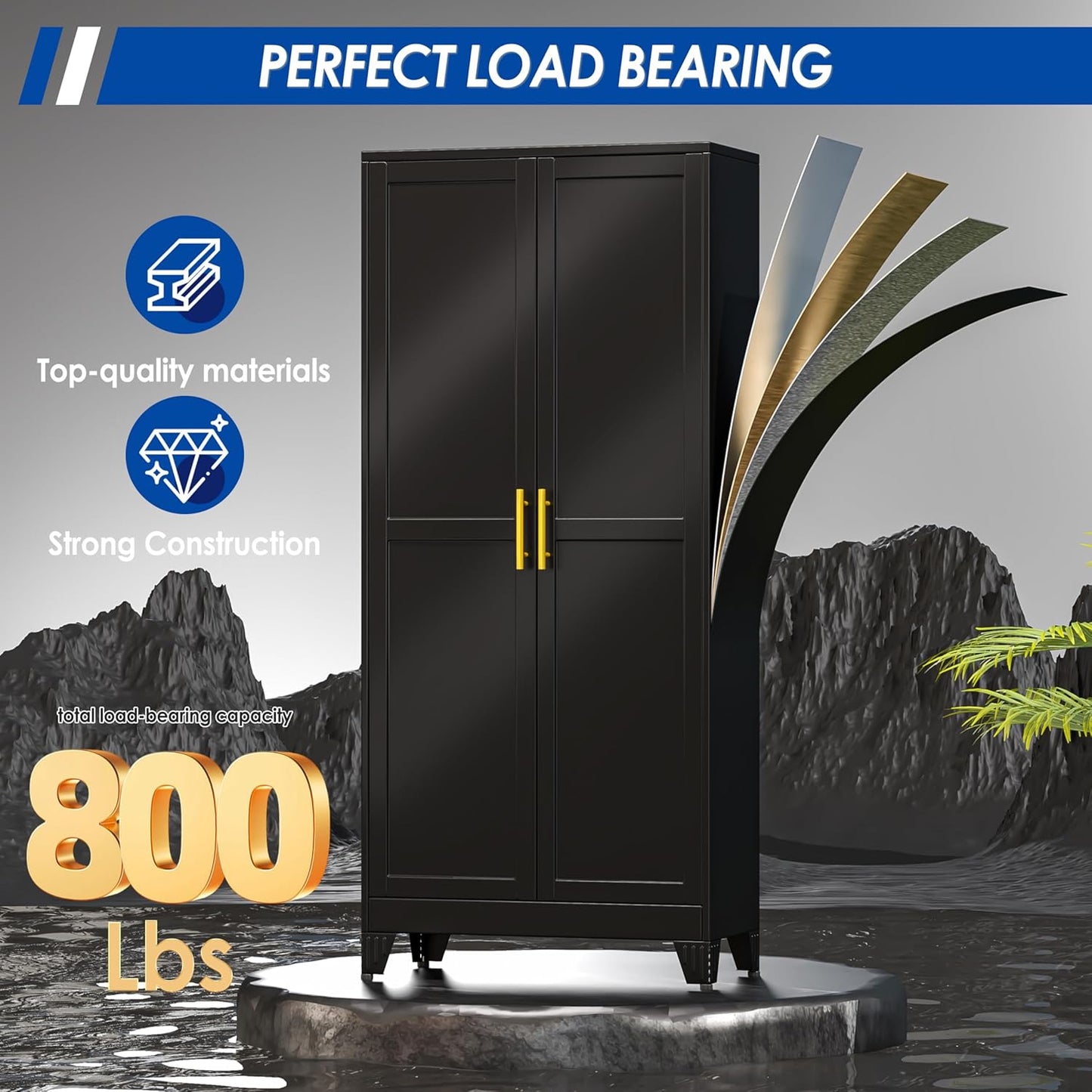 71" Tall Metal Storage Cabinet with 2 Doors and 4 Adjustable Shelves, Kitchen Pantry Cabinet Black Freestanding Cupboard, 5 Tier Multifunctional Steel Storage for Office, Kitchen, Dining Room
