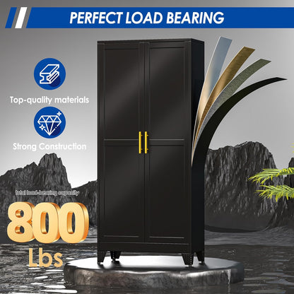 71" Tall Metal Storage Cabinet with 2 Doors and 4 Adjustable Shelves, Kitchen Pantry Cabinet Black Freestanding Cupboard, 5 Tier Multifunctional Steel Storage for Office, Kitchen, Dining Room