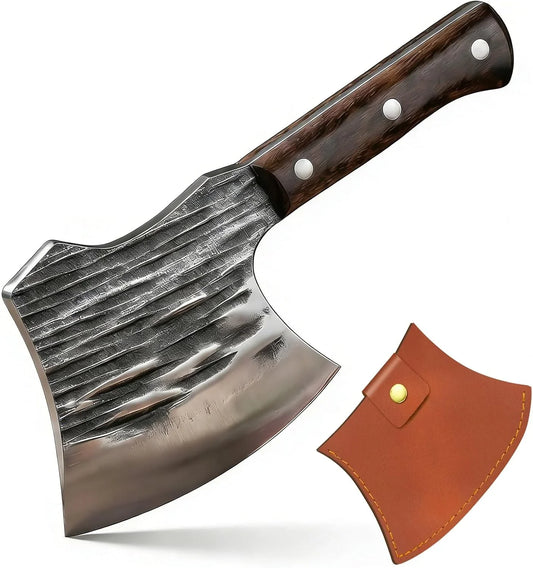 Meat Cleaver Butcher Axe Bone Chopper Heavy Duty, Hand Forged Bone Cleaver Knife for Meat Cutting, Full Tang Chopping Knife with Leather Sheath for Outdoor & BBQ, Mother Father Gifts Idea Men