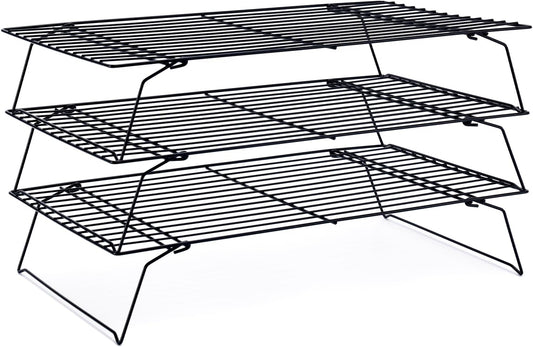 Cooling Rack for Baking 3 Tiers, 16" X 10" Cookie Cooling Wire Rack Stackable Collapsible Nonstick, Stainless Steel Baking Cooking Cooling Racks with Optimum Air Flow, Black