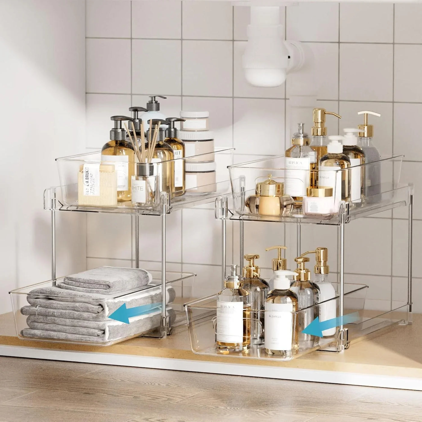 4 Pack Bathroom Organizer, 2 Tier Clear under Sink Organizers Vanity Countertop Storage Container,Cabinet Drawers Bins, Pull-Out Organization with Track for Pantry, Kitchen