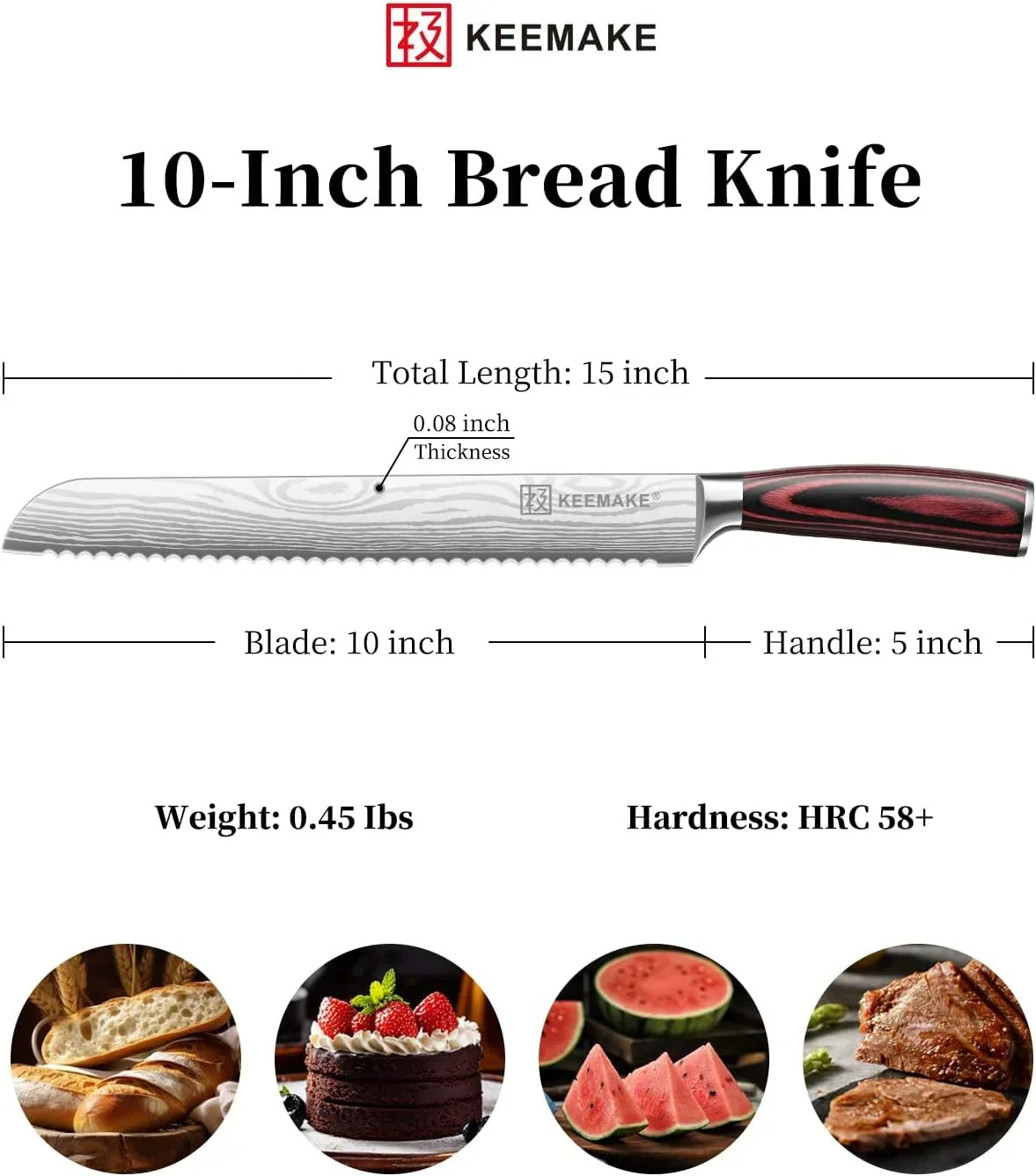 10-inch serrated bread knife with wooden handle, ideal for slicing bread, cake, watermelon, and meat