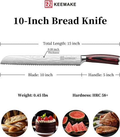 10-inch serrated bread knife with wooden handle, ideal for slicing bread, cake, watermelon, and meat