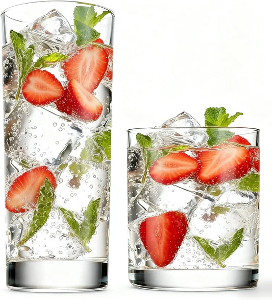 Everyday Drinking Glasses Set of 8, 14Oz Tall Glass Cups & 10.5Oz Short Dof Glasses Glass Water Cups, Hurricane Tumbler Drinkware for Cocktail, Iced Coffee, Beer, Tea, Wine, Whiskey