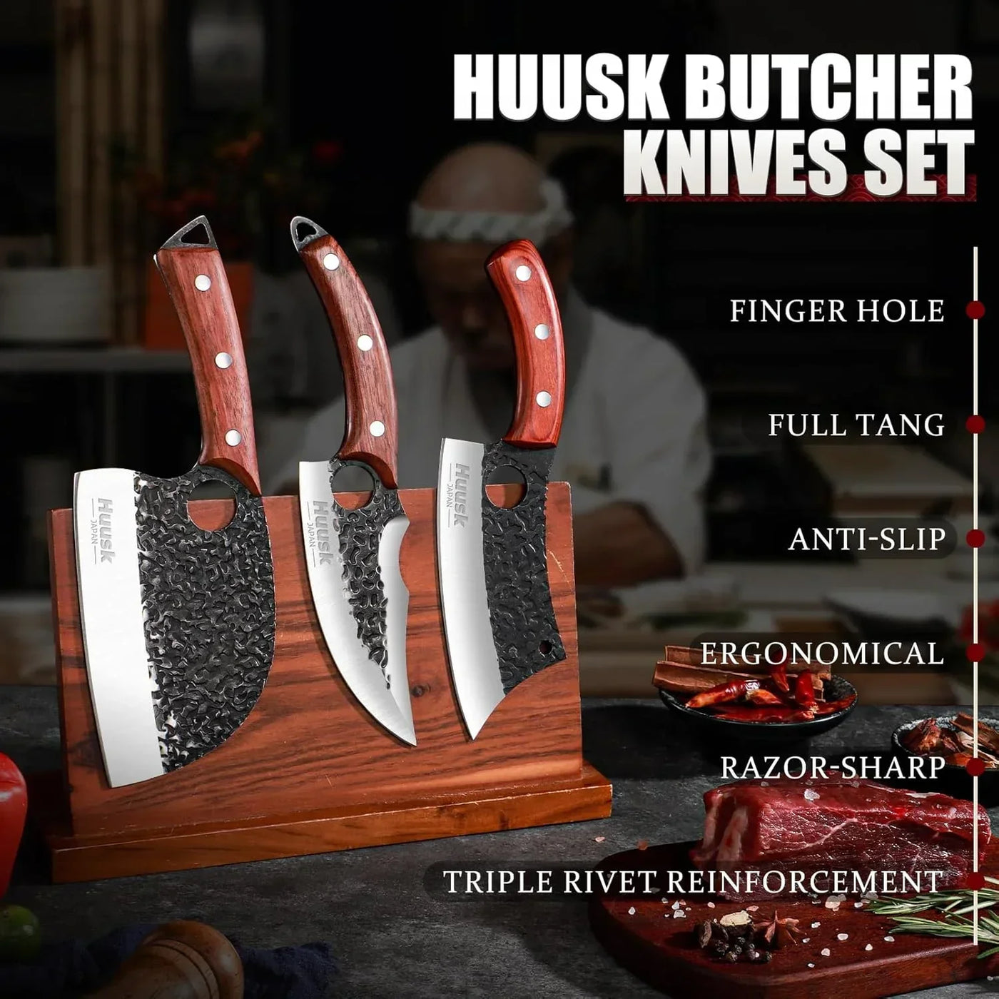 Three-piece butcher knife set with hammered blades and wooden handles in knife block, kitchen setting.