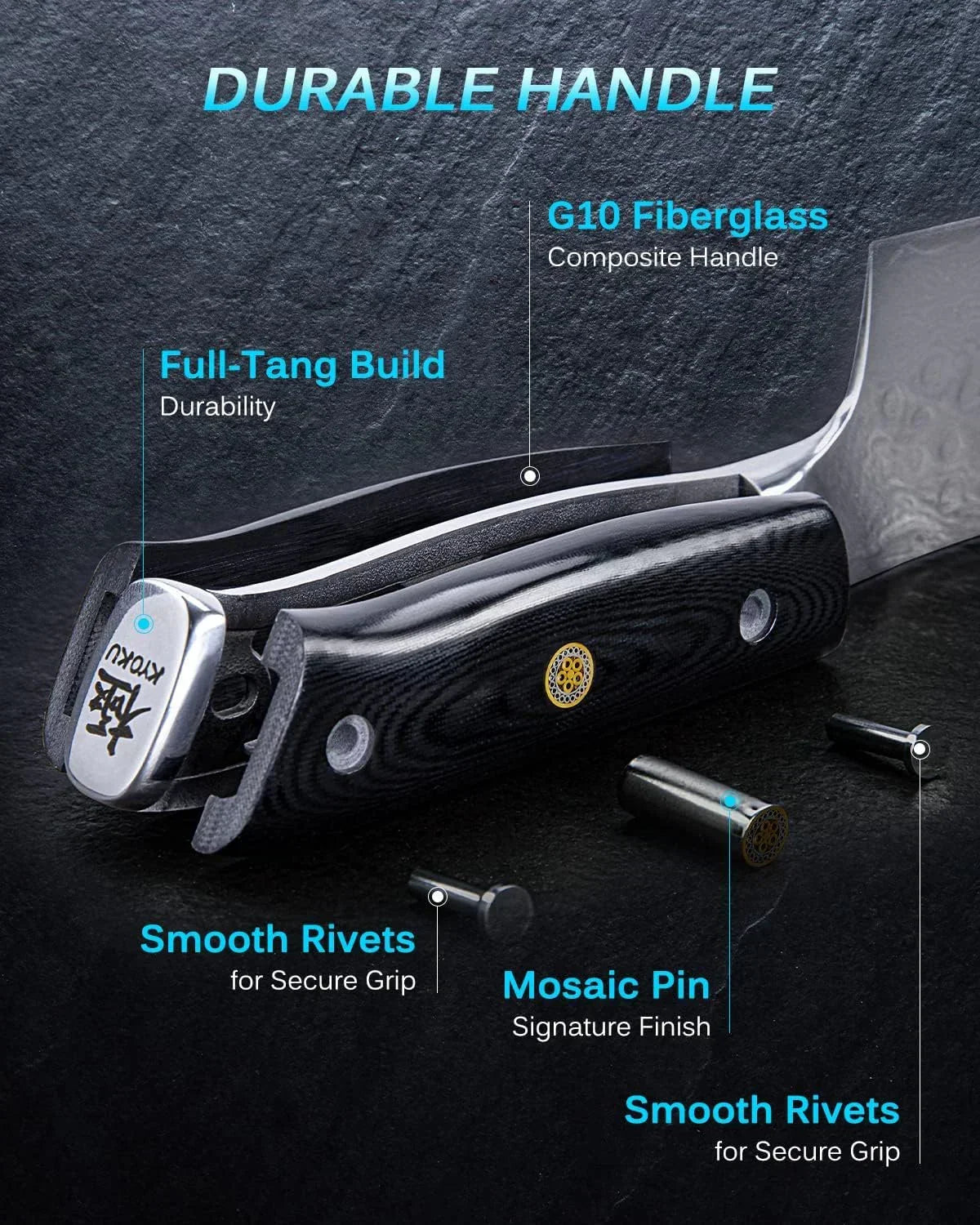 G10 fiberglass handle chef knife with full-tang build, smooth rivets, and mosaic pin for secure grip