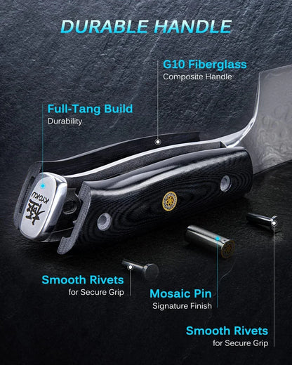 G10 fiberglass handle chef knife with full-tang build, smooth rivets, and mosaic pin for secure grip