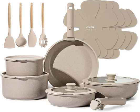 19Pcs Pots and Pans Set Non Stick, Nonstick Cookware Set Detachable Handle, Induction Kitchen Cooking Sets with Removable Handle, RV Kitchen, Oven Safe, Taupe