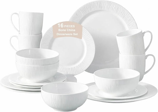 16 Piece Bone China Dinnerware Sets with Mugs,White Plates and Bowls Sets for 4,Lightweight Durable Translucent,Textured Line Embossed Dishware Set,Microwave & Dishwasher Safe for Elegant Bone China