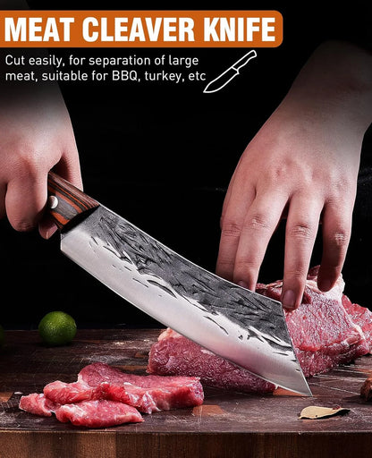 3PCS Hand Forged Butcher Knife Set, Very Sharp Meat Knife Serbian Chef Knife Boning Knife for Meat Cutting Kitchen Cooking BBQ Gifts for Men Father