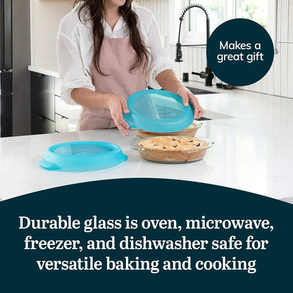 Baker’S Premium 2 Piece Glass Pie Plate, Stackable, Space Saving Casserole Dish Set with Lids, Glass Baking Dish Set for Fruit Pies, Quiches