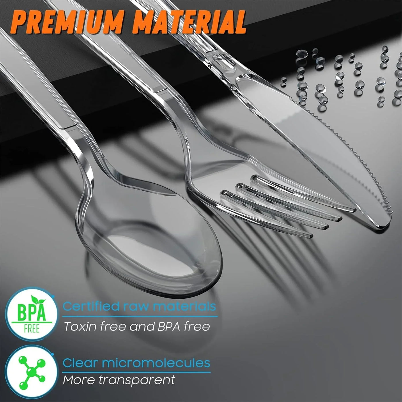 Clear BPA-free plastic cutlery set: spoon, fork, knife — premium transparent material for kitchen dining