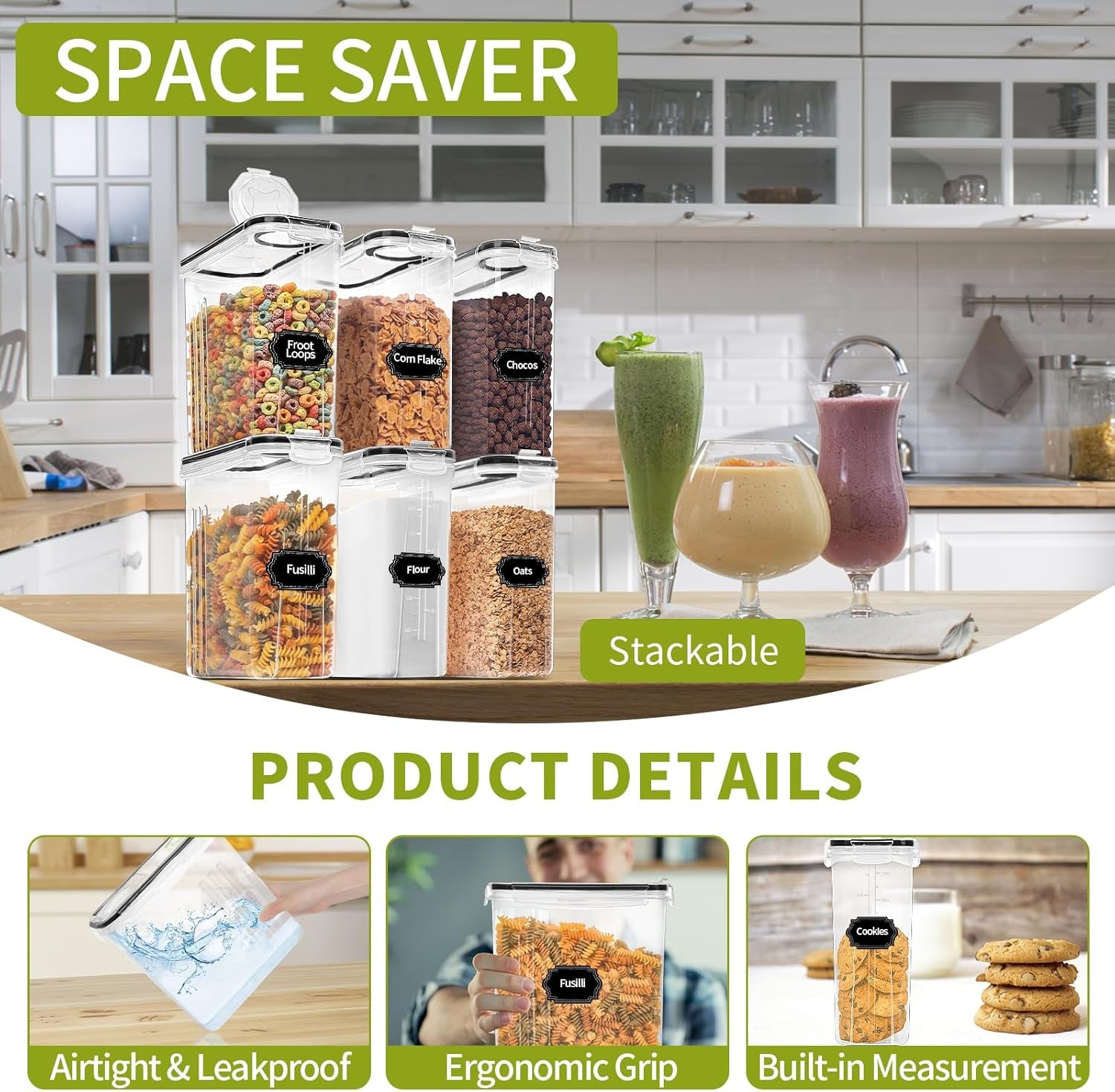 Cereal Containers Storage of 6 [4L/135.2 Oz], Airtight Food Storage Containers with Lids, Plastic Cereal Dispensers for Kitchen & Pantry Organizers and Storage, Measuring Cup & 20 Labels