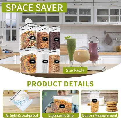 Cereal Containers Storage of 6 [4L/135.2 Oz], Airtight Food Storage Containers with Lids, Plastic Cereal Dispensers for Kitchen & Pantry Organizers and Storage, Measuring Cup & 20 Labels