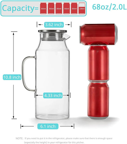 2 Liter 68 Oz Glass Pitcher with Lid and Handle, Glass Carafe for Hot/Cold Water, Large Iced Tea Pitcher for Coffee, Juice and Homemade Beverage