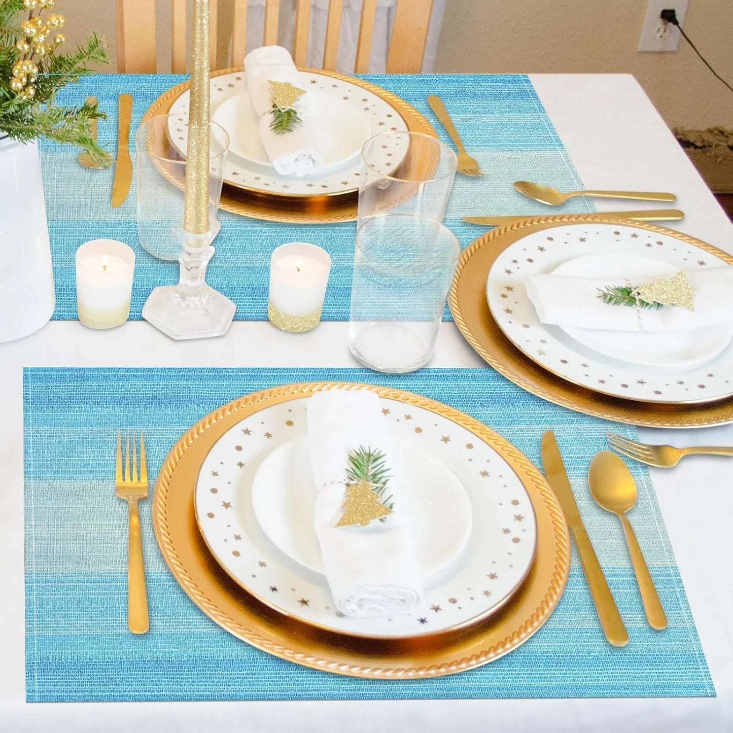 Placemats, Placemats Set of 4, 12X18 Inch Washable Place Mats Easy to Clean Heat Resistant Table Mats Wipeable Placemat for Holiday Party Kitchen Dining Table Decoration, Blue