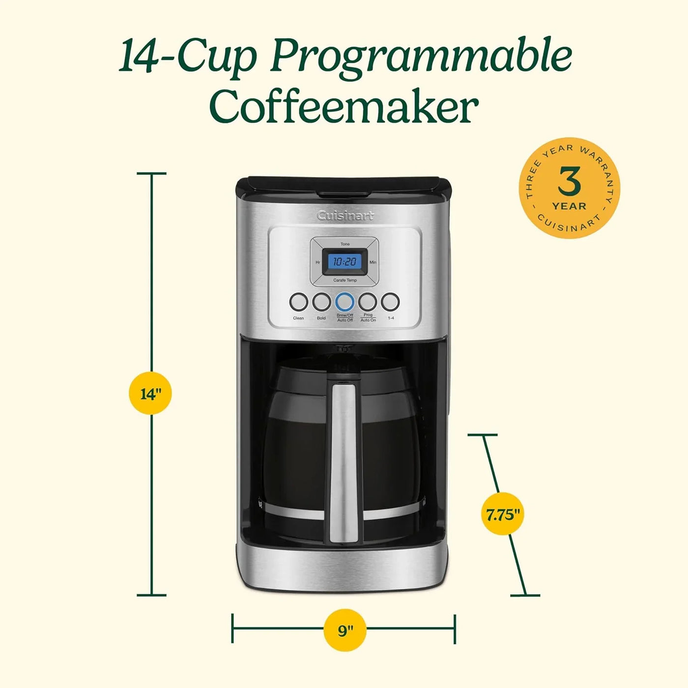 14-Cup Coffee Maker, Programmable Perfectemp Glass Carafe Coffee Machine with 1-4 Cup Setting, Brew Strength Control and Pause, Stainless Steel, DCC-3200NAS