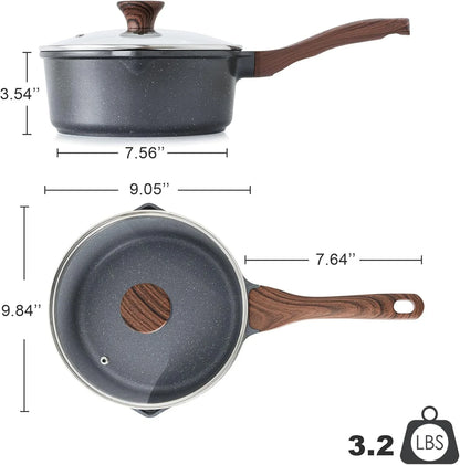 Nonstick Sauce Pan with Double Spout, 3.0 Quarts Swiss Granite Coating Sauce Pot with Lid Medium Kitchen Cooking Pot, Induction Comptable Saucepan, Free of Intentionally Added PFOA