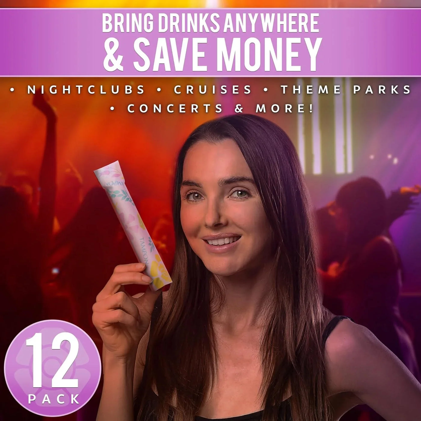 Tampon Flasks 12 Pack (18 Oz Total) - Hidden Alcohol Travel Flasks for Women - Secret Liquor Containers for Nightclubs, Festivals, Cruises, and Sports Events – Includes Funnel & Spout