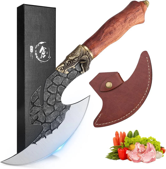 Viking Cleaver Knife Butcher Meat Cutting Boning Knife Hand Forged Chinese Kitchen Axe with Sheath Home Outdoor BBQ Camping Chirstmas Birthday Mother Father Gift Men