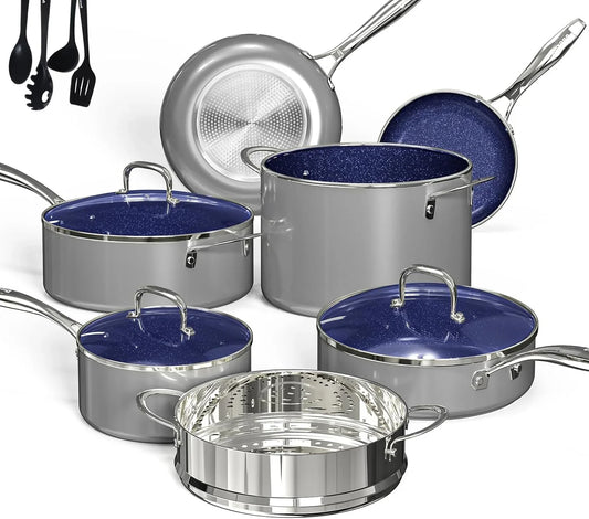 Deluxe  14PC Healthy Pots and Pan with 9H Anti-Scratch Coating, 2-Layer Non-Stick Ceramic&Pfas Free, Sensitively&Evenly Induction Cooking, Enhanced Flavor with Infrared Cookware, Dishwasher Safe