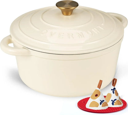 Enameled Cast Iron Dutch Oven - 7QT Pot with Lid Cookbook & Cotton Potholders - Heavy-Duty Cookware for Braising, Stews, Roasting, Sourdough Baking Cream White