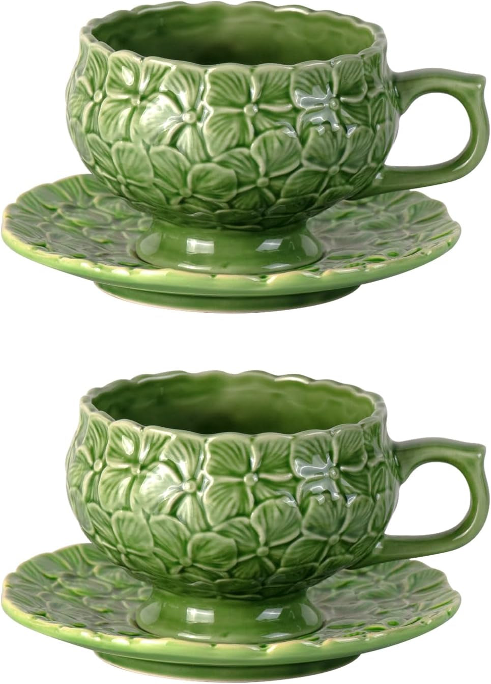 Tea Cups and Saucers Set of 2, Porcelain Coffee Cups, 8.5-Ounce Stackable Espresso Mugs, Ceramic Demitasse for Coffee, Latte, Americano, Tea, Green Flower