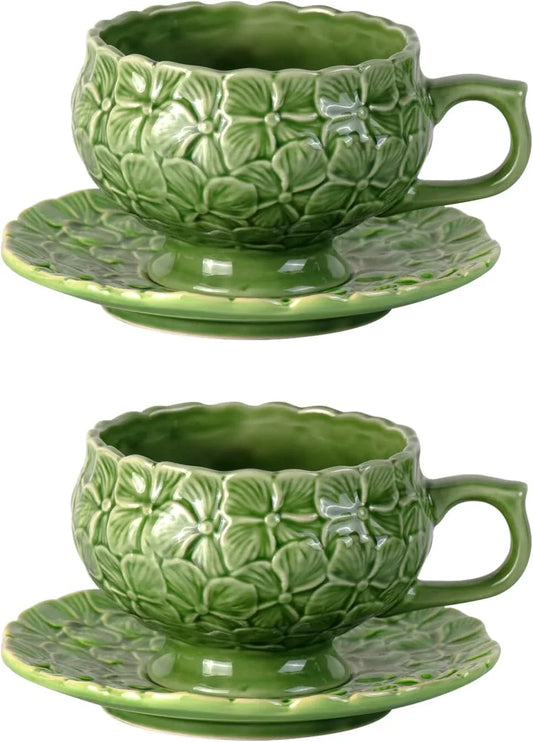 Tea Cups and Saucers Set of 2, Porcelain Coffee Cups, 8.5-Ounce Stackable Espresso Mugs, Ceramic Demitasse for Coffee, Latte, Americano, Tea, Green Flower