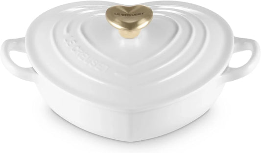 Enameled Cast Iron Traditional Shallow Heart Cocotte, 1.25 Qt., White Light Gold Heart Knob