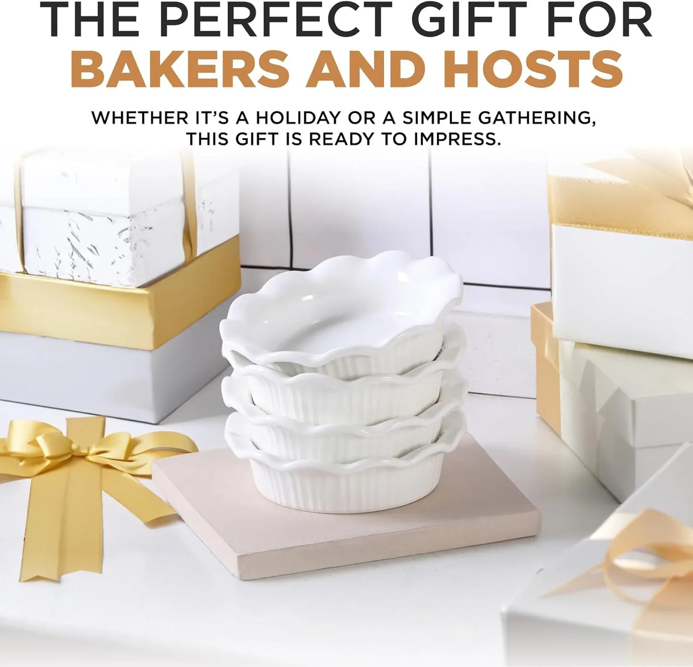 White Ceramic Mini Pie Pans - Set of 4 - Small 5.5 Inch Pie Pans with Classic Fluted Rims - Individual Pot Pie Pans for Pot Pies, Quiches, Puddings - Pot Pie Baking Dishes