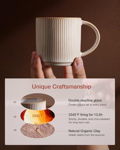 Coffee Mug Set for 6, Star 12 Oz Catering Mugs Cup Set with Handle for Coffee, Tea, Cocoa, Milk - Ceramic Stoneware Drinkware Set, Cappuccino White