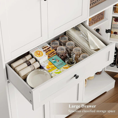 68" Tall Kitchen Pantry Storage Cabinet, Modern Kitchen Hutch Cabinet with Doors and Shelves, Freestanding Food Pantry with Large Storage Drawer for Dining Room, Living Room, White