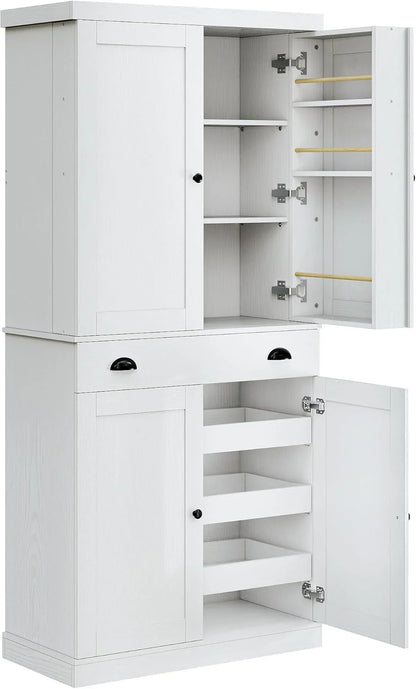 Kitchen Pantry Cabinet 72" Height, Freestanding Cupboard with Drawer, Sliding Storage Rack, and 6 Hanging Shelves for Dining Room, Laundry, White