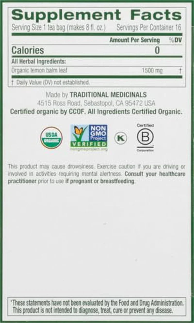 Organic, Lemon Balm - Supports Stress Relief & Digestive Health - Kosher, Non-Gmo, Caffeine-Free, Compostable - 16 Tea Bags
