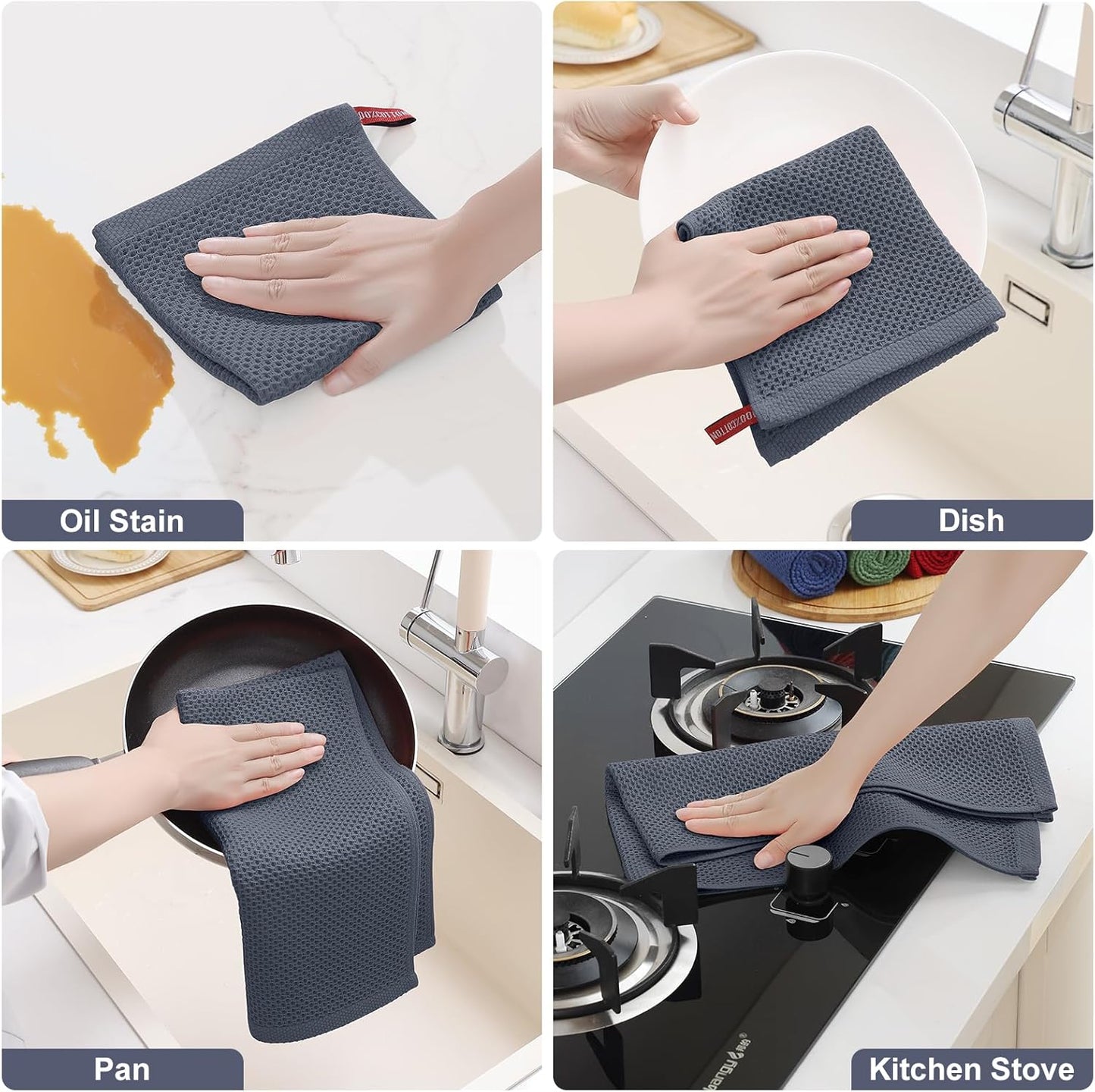 100% Cotton Kitchen Towels and Dishcloths Set, 12 X 12 Inches and 13 X 28 Inches, Set of 8 Bulk Kitchen Towels Set, Ultra Soft Absorbent Dish Cloths for Washing Dishes, Dark Grey