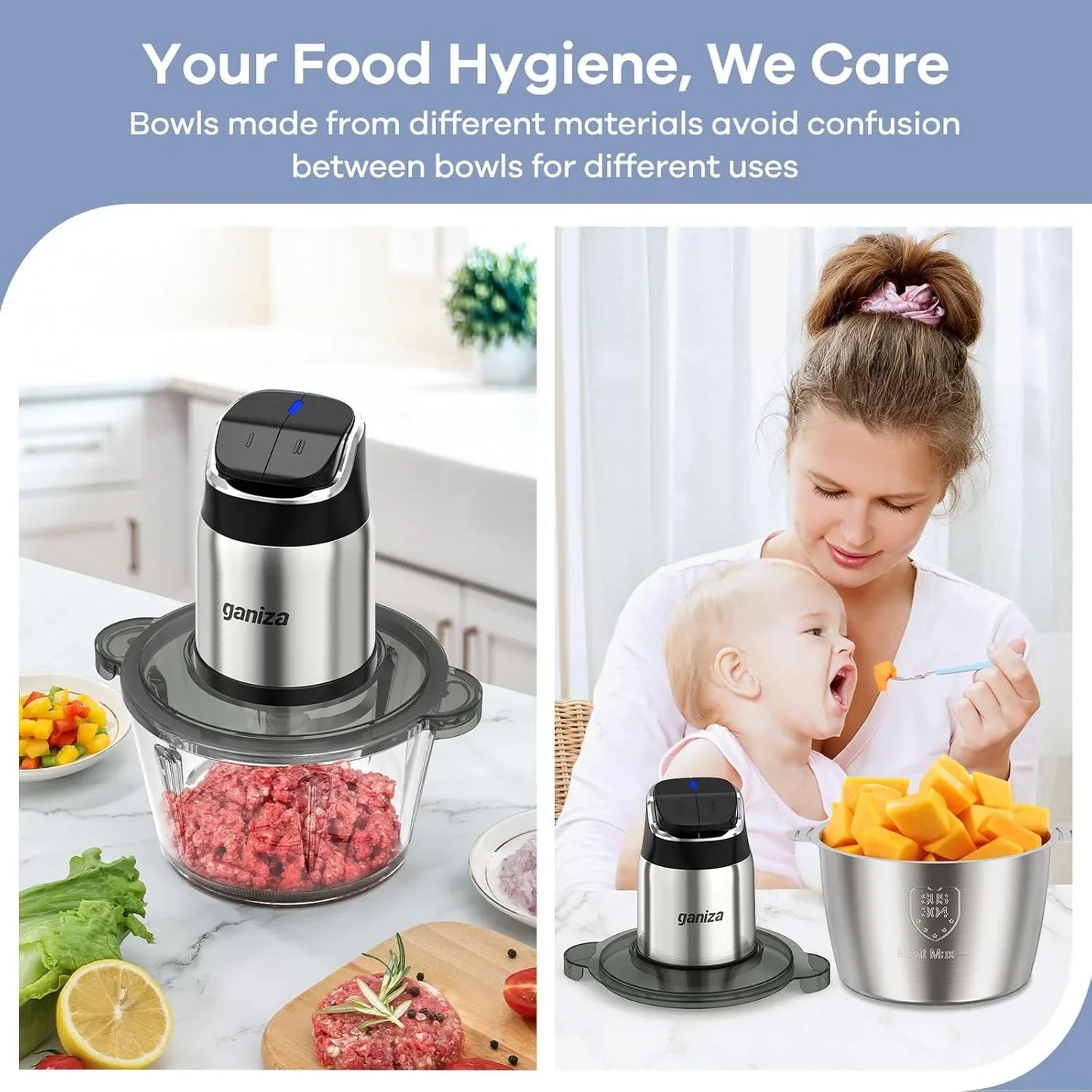 Food Processor, 2-Speed Food Chopper Meat Grinder with 8 Cup Stainless Steel & 8 Cup Glass Bowls, Upgraded Button & Smart Overheat Protection Light - Includes Clean Brush, 2 Sets of Blades