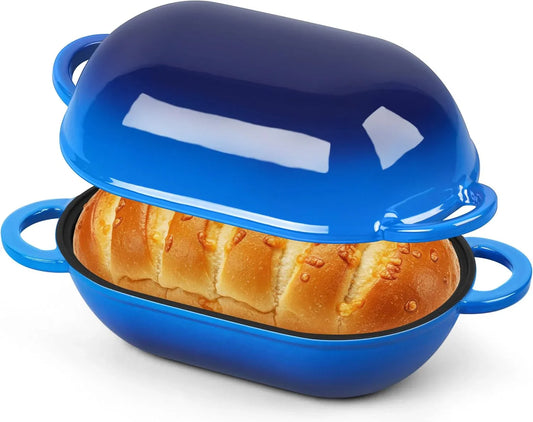 Enameled Cast Iron Dutch Oven for Bread Baking, 2.8 QT Oval Bread Oven Pot with Lid, 9.5 X 5.7 Inch Sourdough Loaf Baking Pan for Homemade Bread, Heavy Duty & Oven Safe, Blue