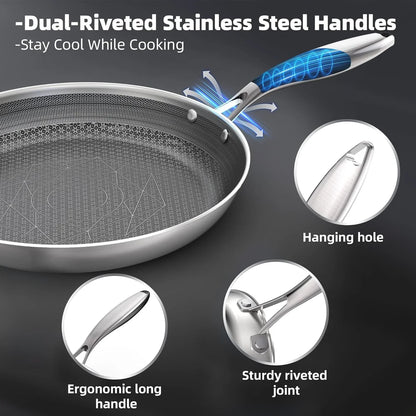 Stainless Steel Pans Set of 3 (8+10+12 Inch), Nonstick Frying Pans, Induction Pan Set, Chef'S Pan, Skillets Dishwasher & Oven Safe, Stay-Cool Handles, Compatible with All Cooktops