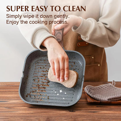 Nonstick Grill Pan for Stove Tops, Versatile Griddle with Pour Spouts, Square Big Cooking Surface, Durable Skillet Indoor & Outdoor Grilling. PFOA Free, 9.5 Inch