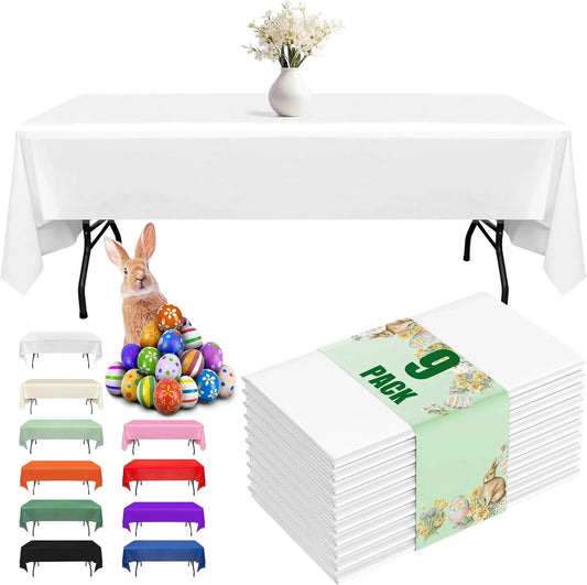 Plastic Table Cloth Disposable 9 Pack, 54 X 108 Inch Table Cloths, Party, Picnic, Wedding, Decorative Tablecloths, Rectangle, White Plastic Cover, Leakproof & Sturdy, White